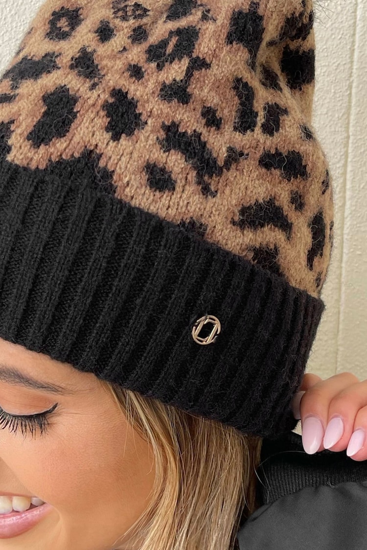 Lipsy Black Cosy Leopard Print Pom Beanie Hat - Image 3 of 3