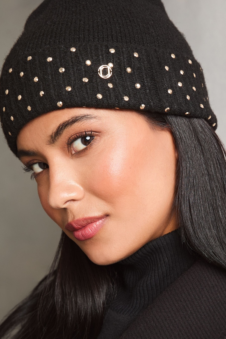 Lipsy Black Cosy Studded Pom Beanie Hat - Image 2 of 4