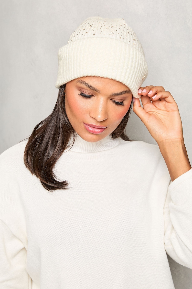 Lipsy Cream Cosy Embellished Gem Beanie Hat - Image 2 of 4