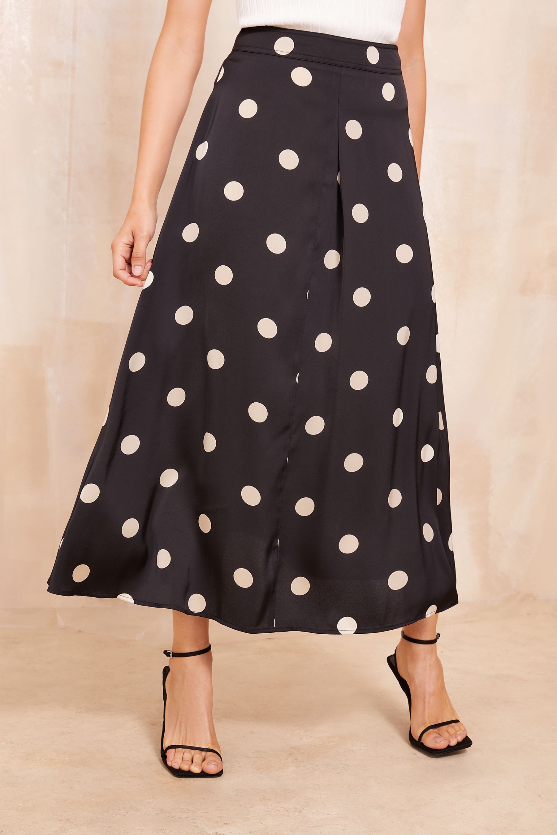 Friends Like These Black Satin Polka Dot Print Maxi Skirt