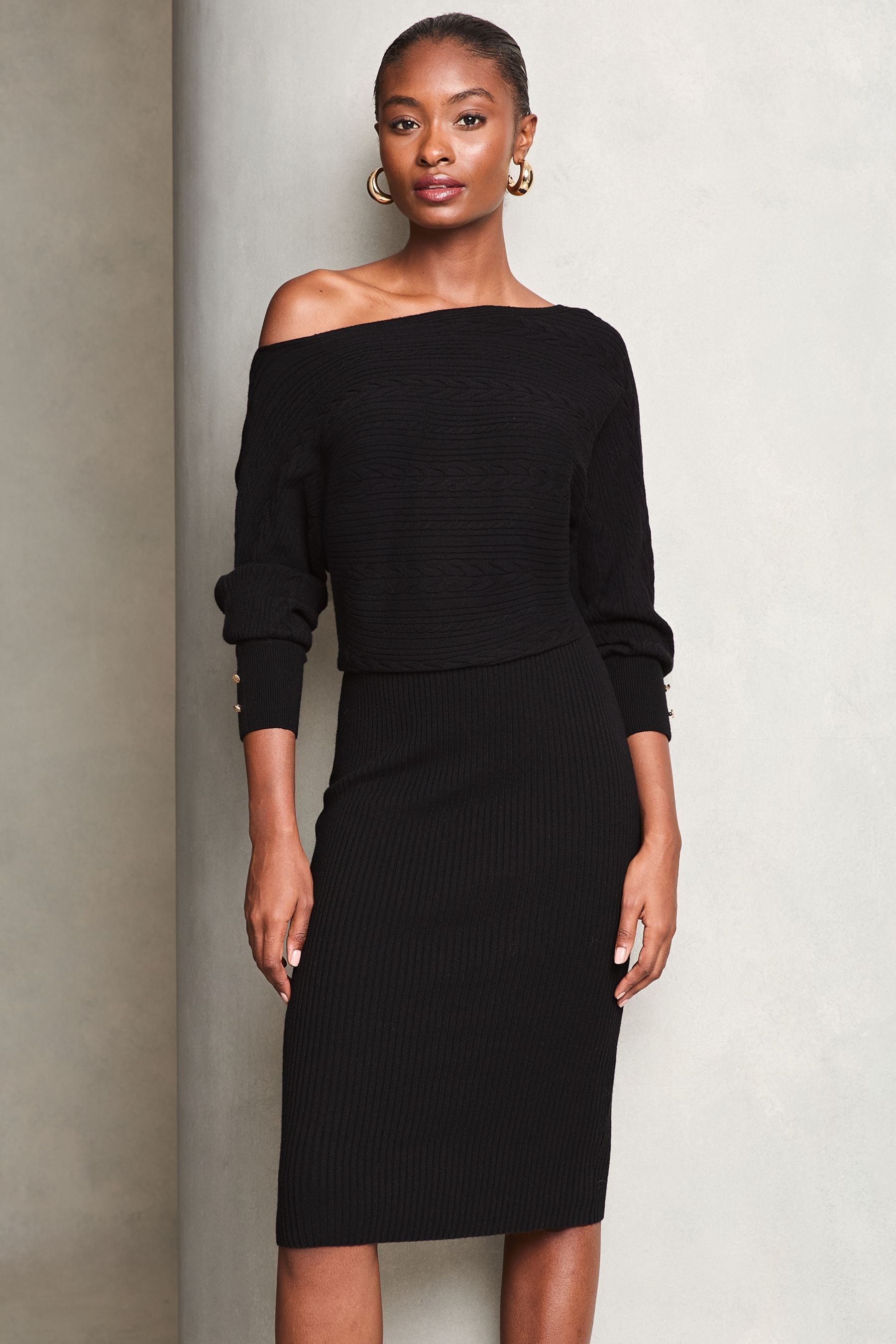 Buy Lipsy Black Slash Neck Cable Knitted Dress from Next USA