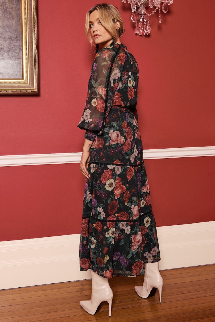 Love & Roses Black Floral Tie Detail Tiered Midi Dress - Image 4 of 4