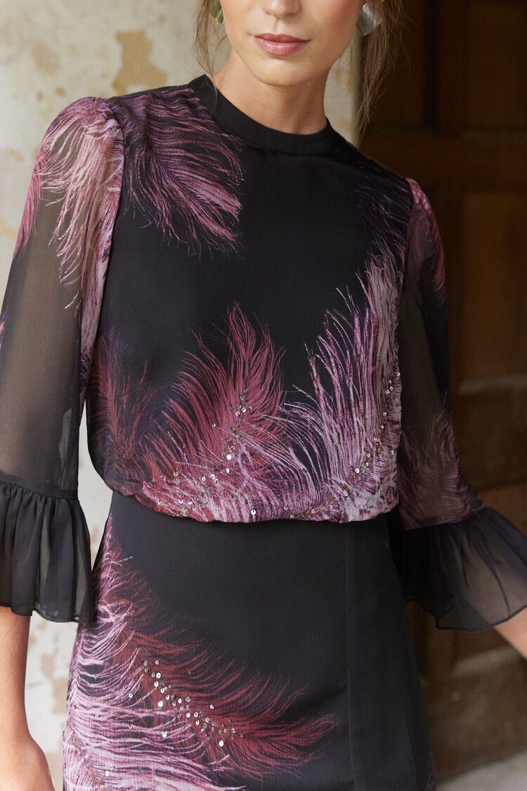 Buy Love & Roses Purple Flute Sleeve Feather Print Midi Dress from the ...