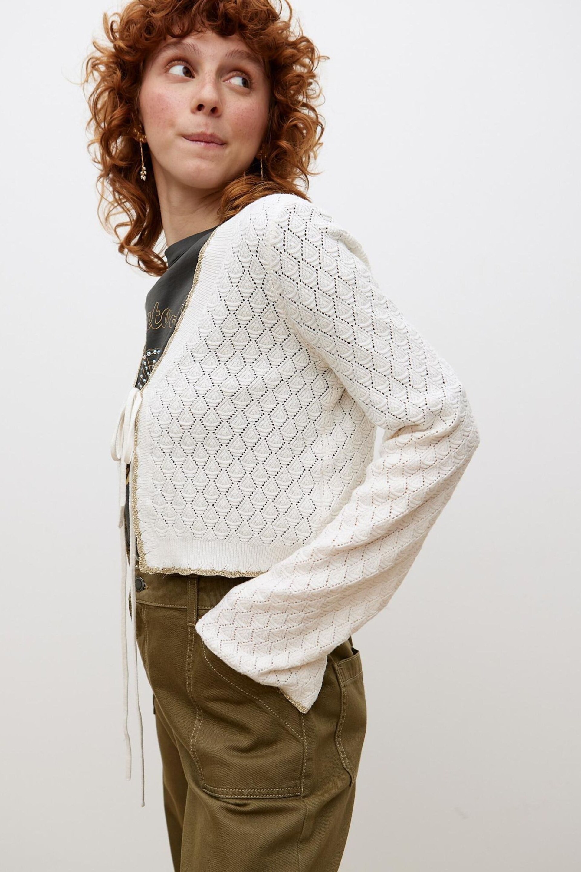 Oliver Bonas White Sparkle Knitted Tie Cardigan - Image 3 of 9