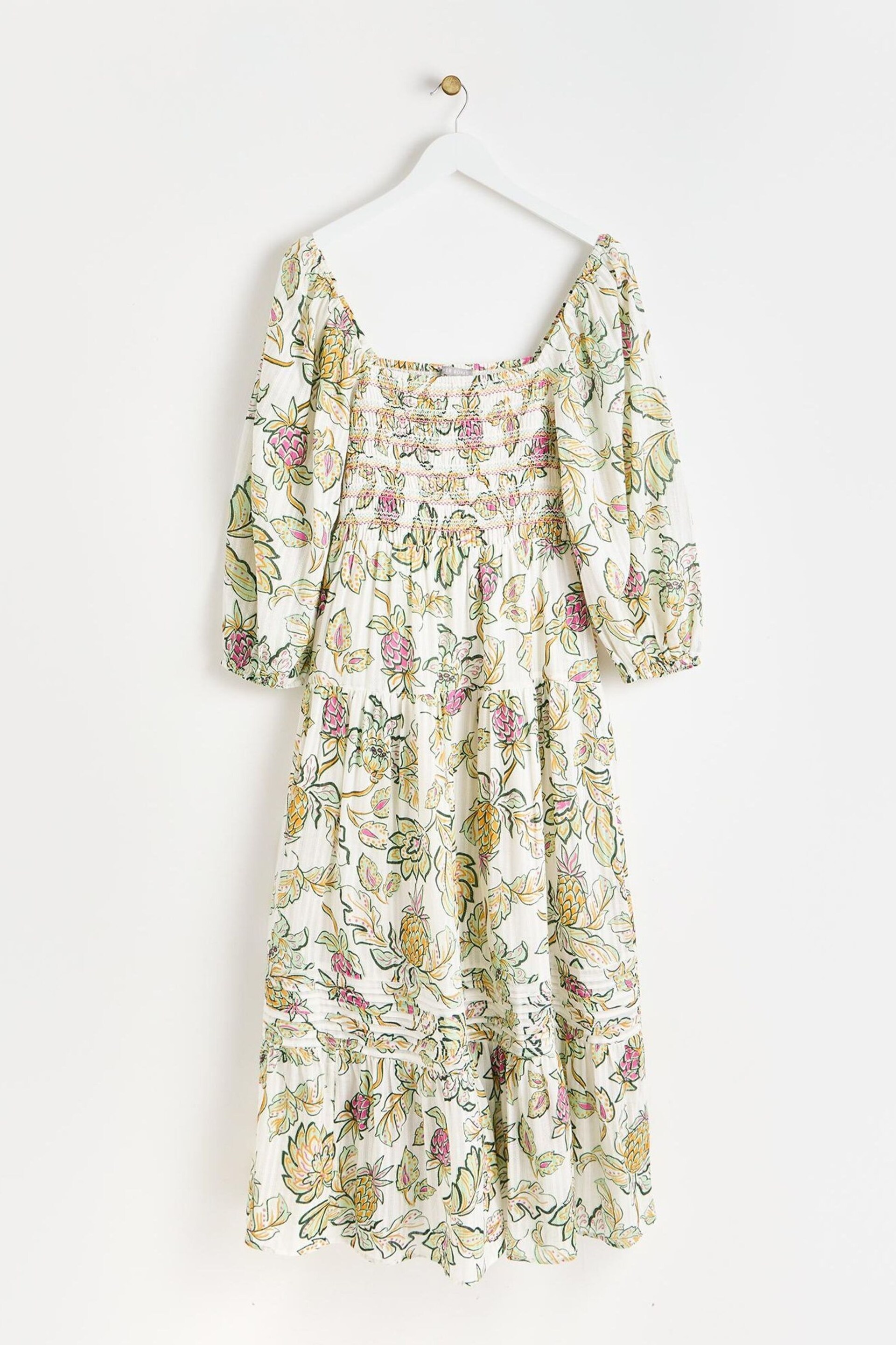 Oliver Bonas White Tropical Paisley Shirred Midi Dress - Image 1 of 6