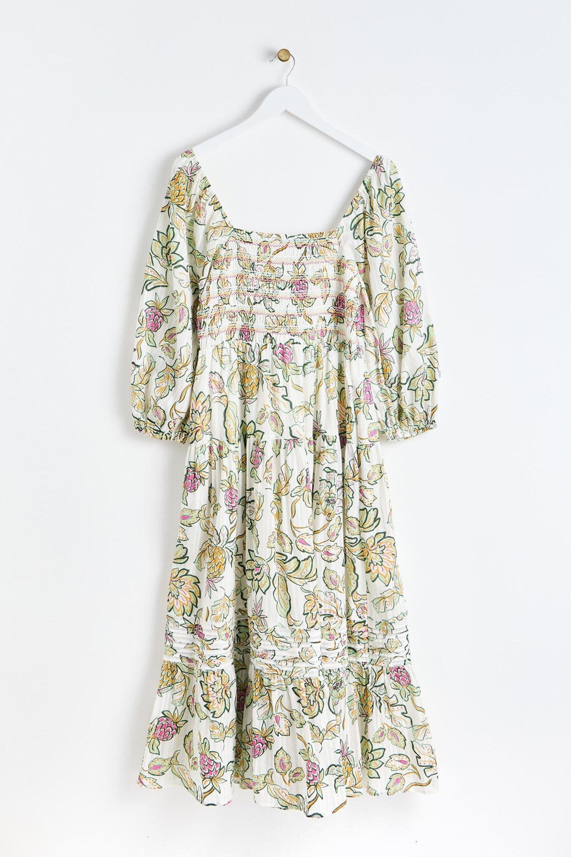 Oliver Bonas White Tropical Paisley Shirred Midi Dress - Image 2 of 6