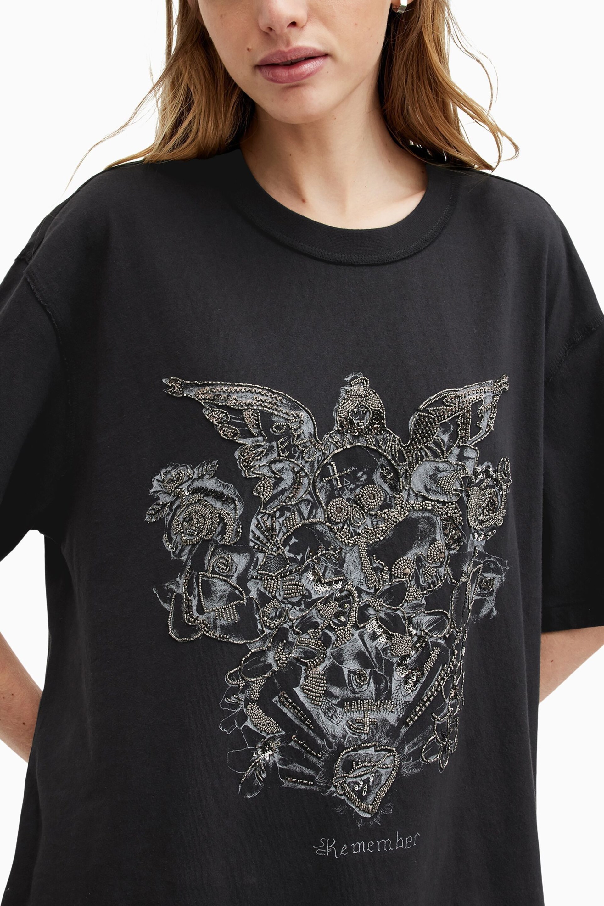 AllSaints Black Covenant Embellished Crew T-Shirt - Image 1 of 8