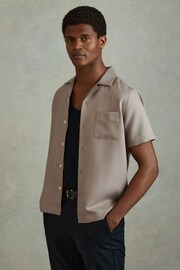 Reiss Mushroom Brown Tokyo Cuban Collar Button-Through Shirt - Image 1 of 6