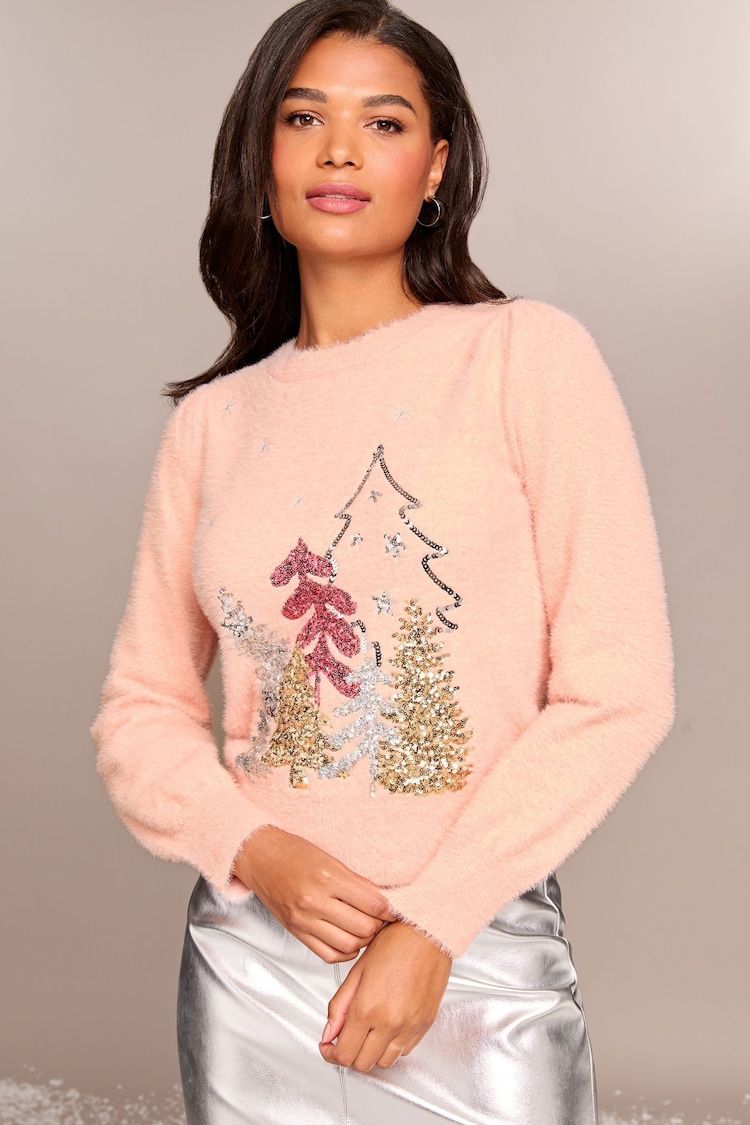 Lipsy Pink Chritsmas Tree Christmas Slogan Crew Neck Knitted Jumper - Image 1 of 4