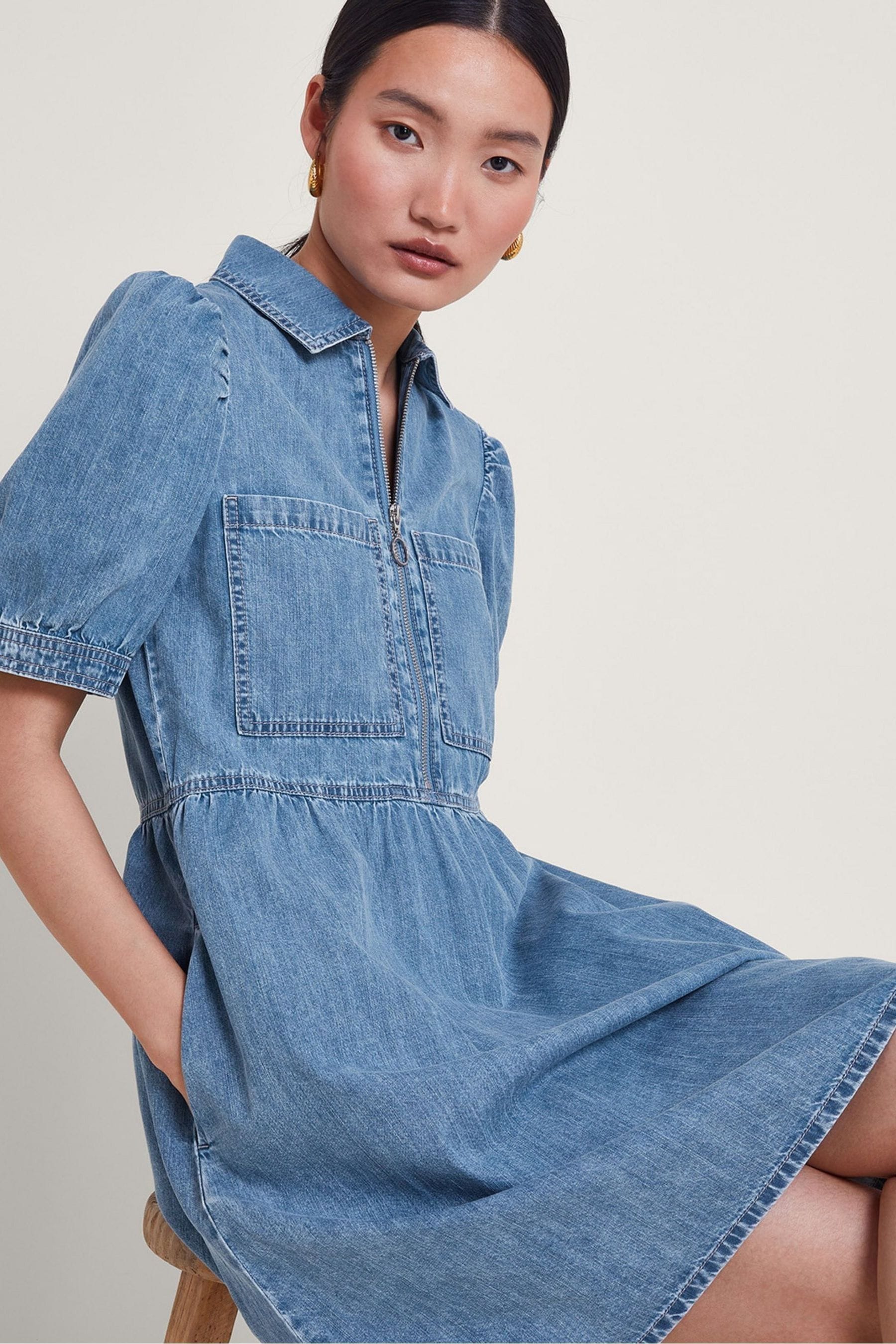 Monsoon Blue Adeena 100 Cotton Denim Dress