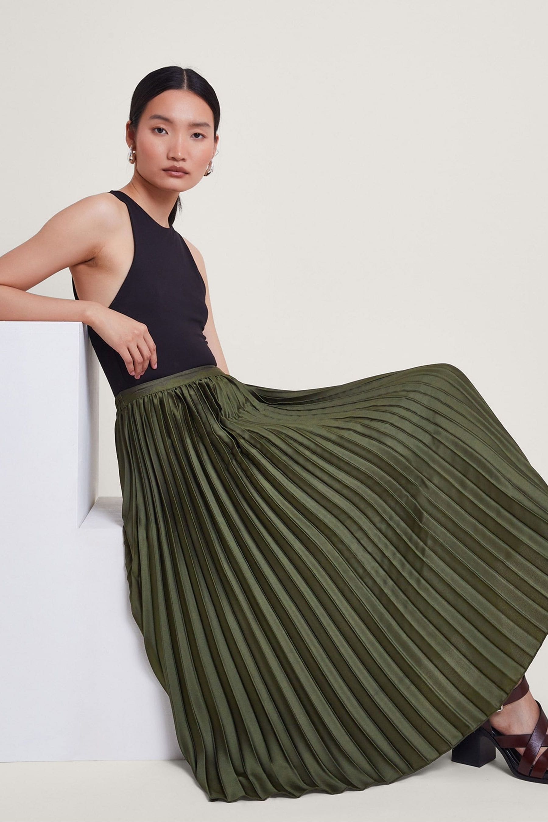 Monsoon Green Evelyn Pleated Skirt
