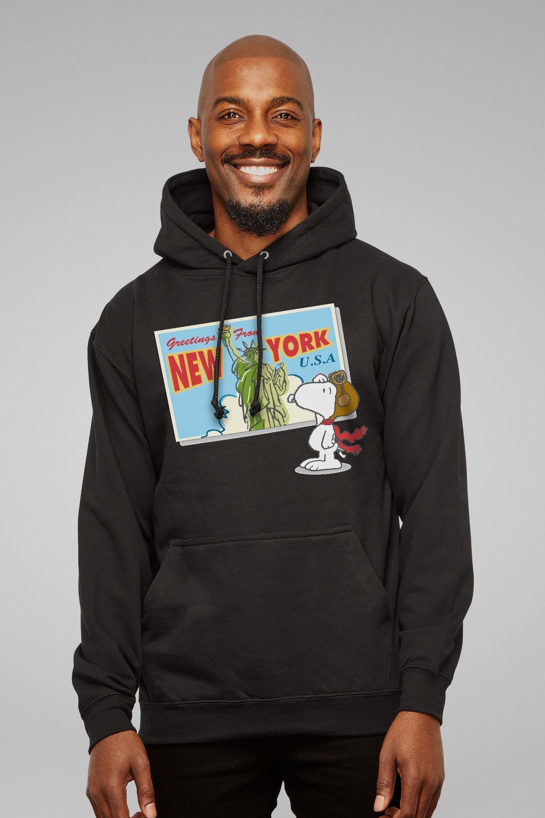 Buy All Every Black Peanuts Snoopy New York Postcard Design Mens Hooded Sweatshirt from the Next UK online shop