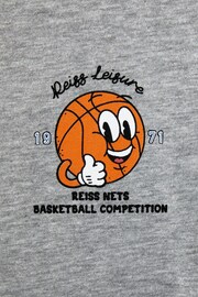 Reiss Grey Melange Nets Senior Oversized Cotton Basketball Motif Crew Neck T-Shirt - Image 5 of 5