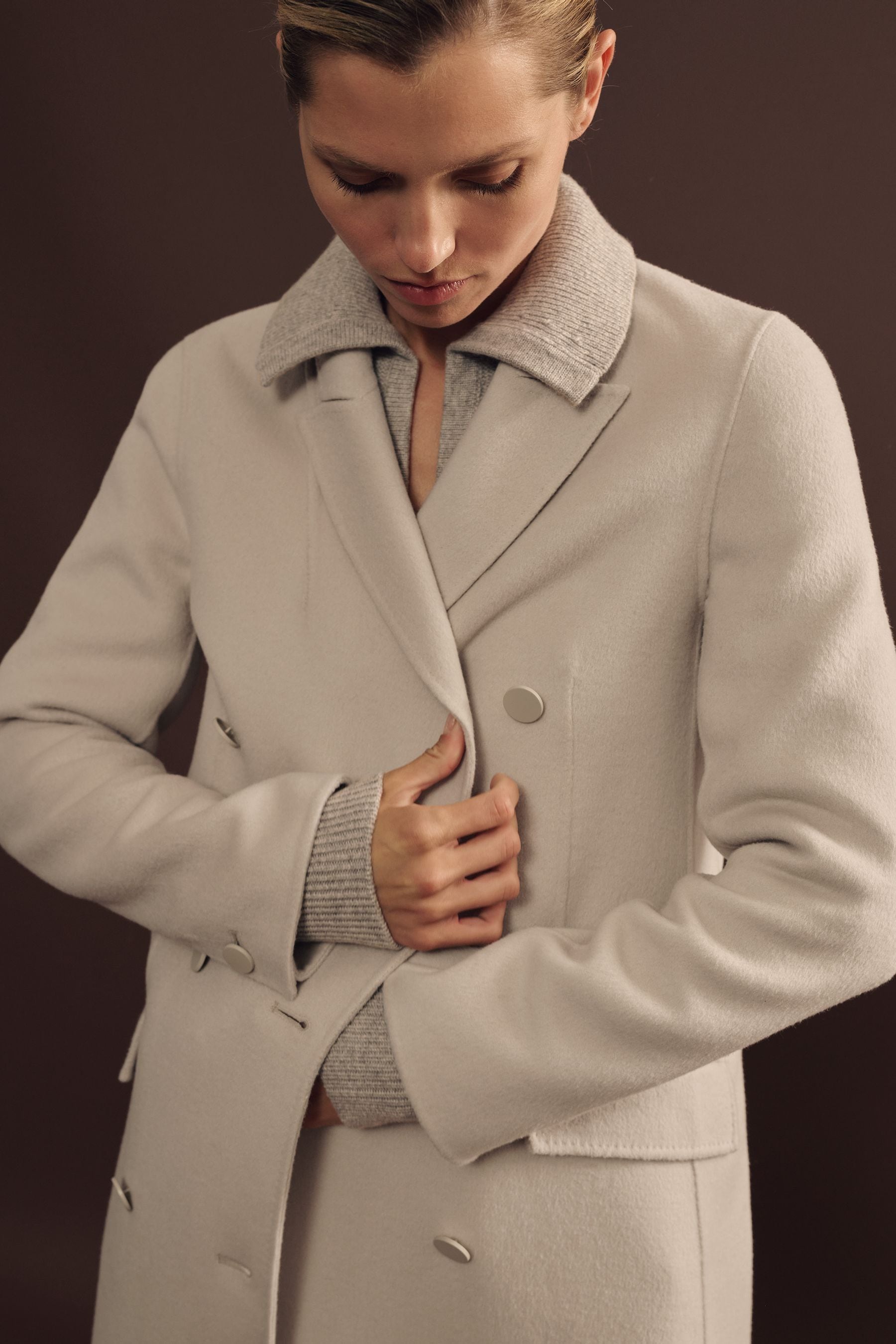 Reiss Neutral Maeve Petite Wool Blend Double Breasted Blindseam Trench Coat