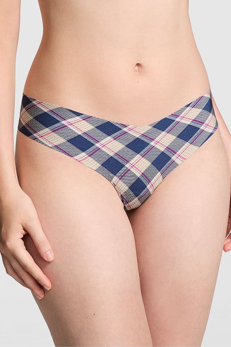 Victoria's Secret PINK Blue Navy Plaid Print Thong No Show Knickers - Image 1 of 3