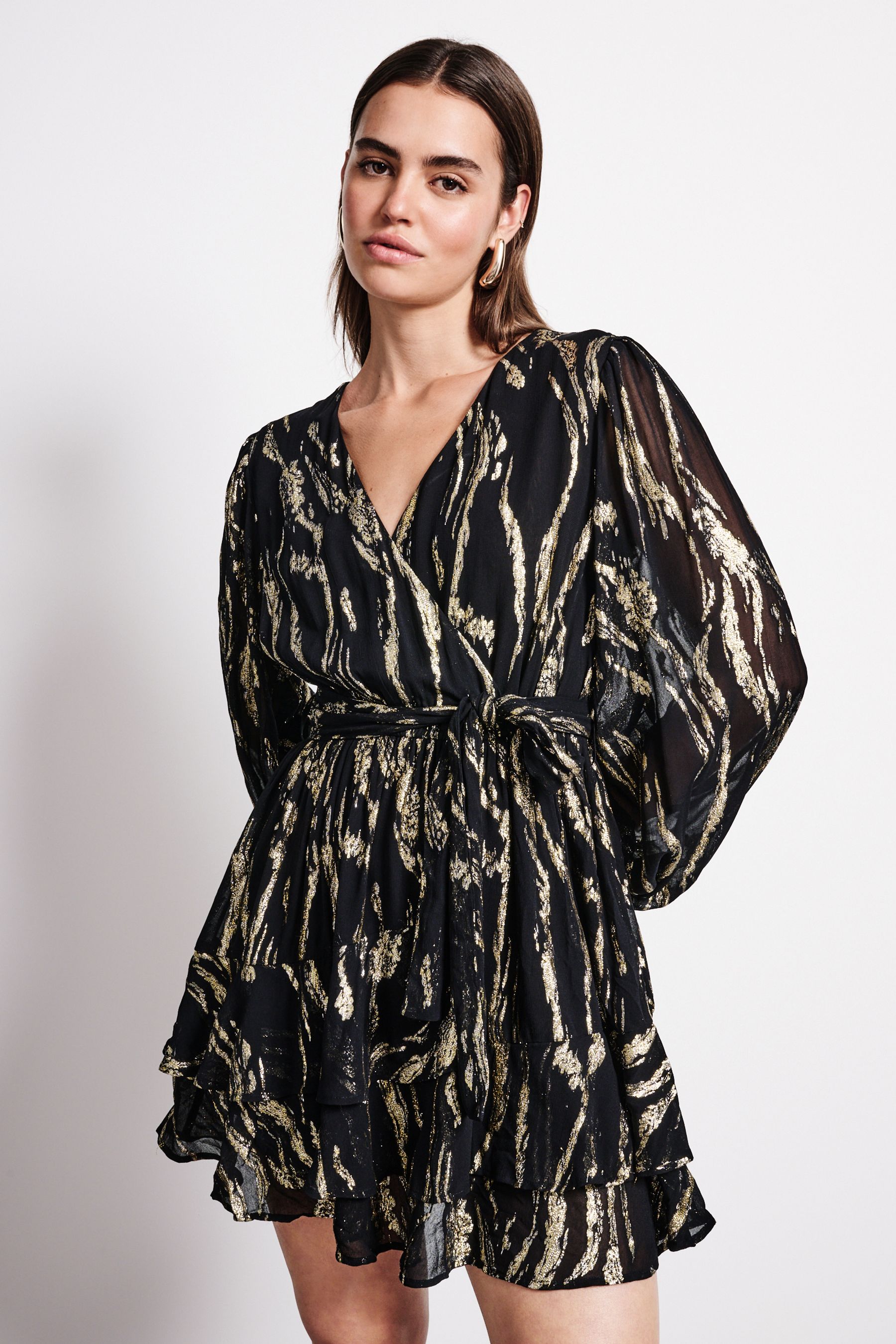 Buy Black Gold Mini Wrap Ruffle Dress from Next Canada