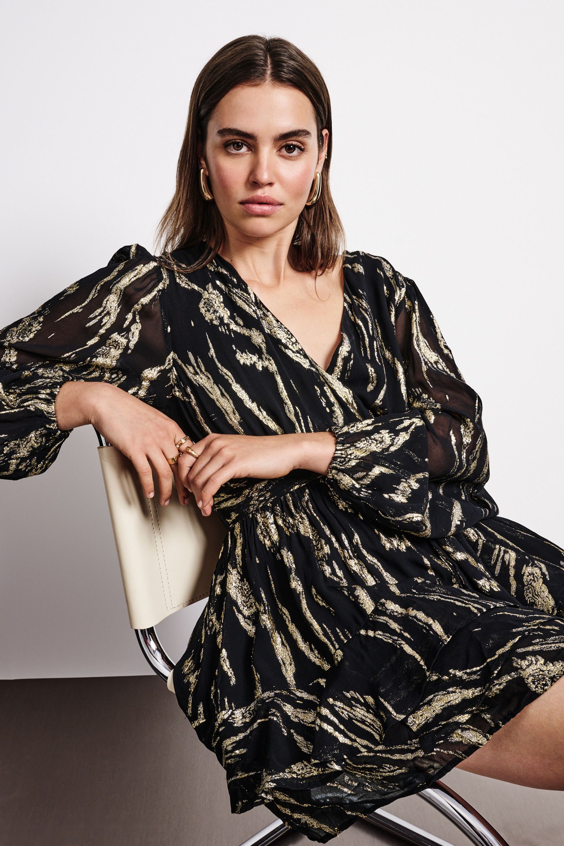 Buy Black Gold Mini Wrap Ruffle Dress from Next Ireland