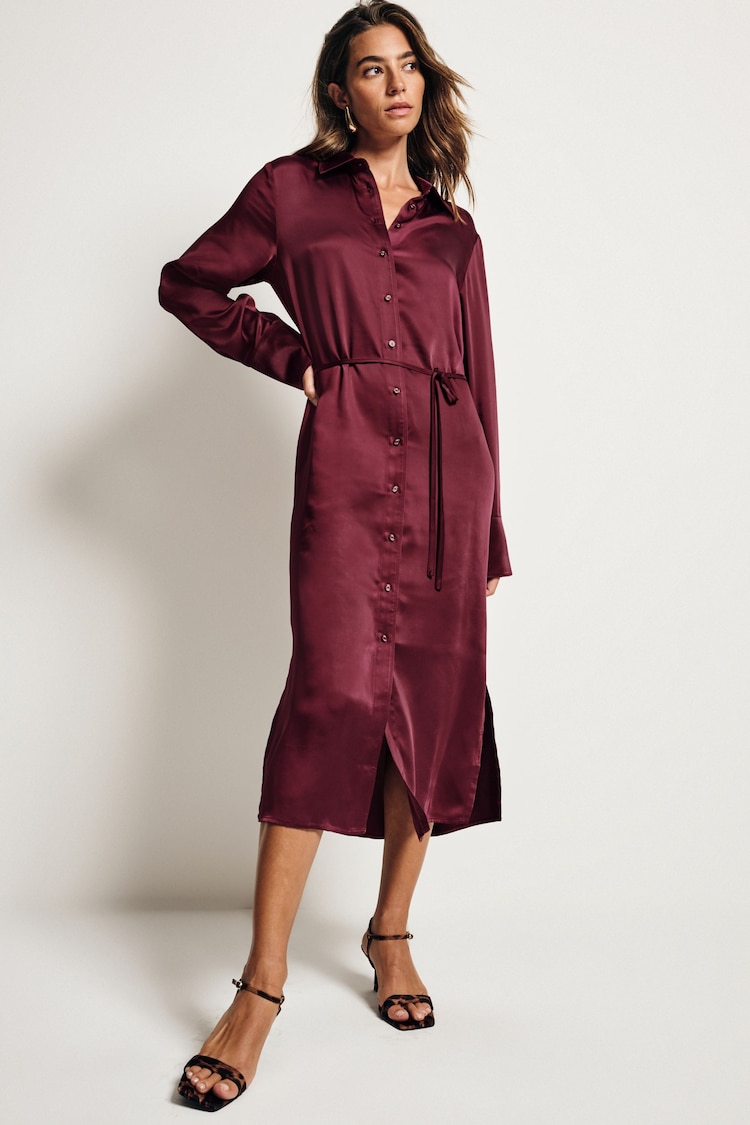 Burgundy Red Satin Midi Shirt Dress - Image 2 of 9