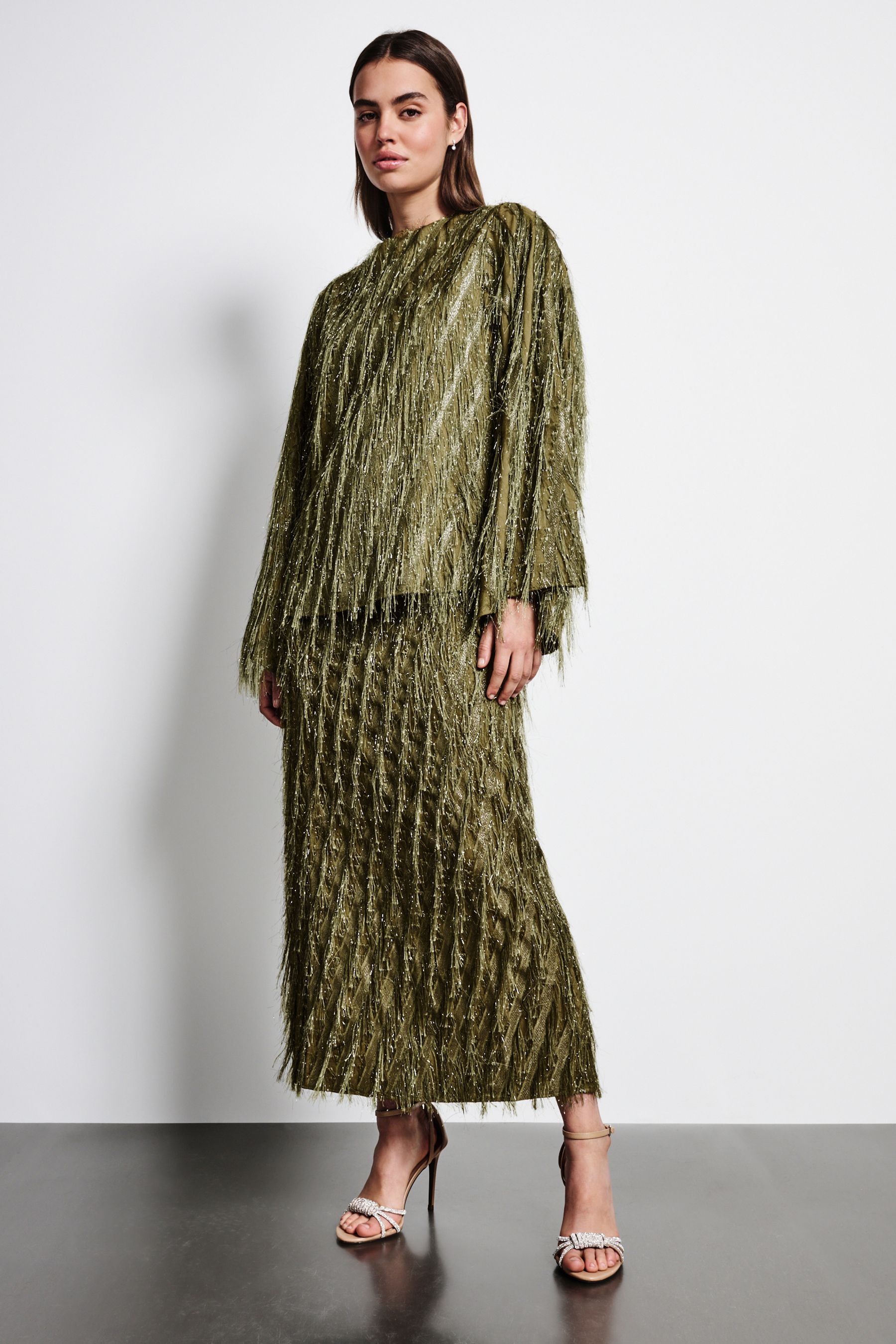 Green maxi skirt with fringe shop