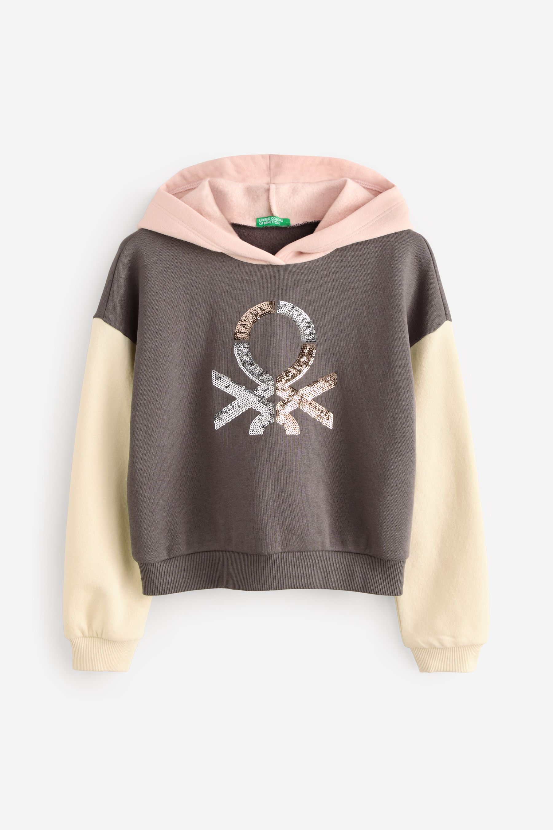 Buy Benetton Cropped Pull On Black Hoodie Ribbed Cuffs And Hem With Sequin Embroidery On Front from the Next UK online shop