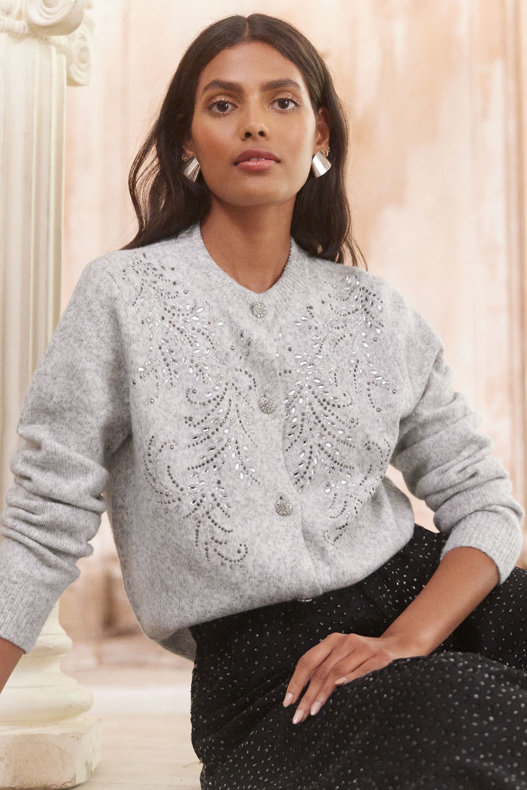 Buy Love Roses Grey Sequin Embellished Cardigan from Next Luxembourg