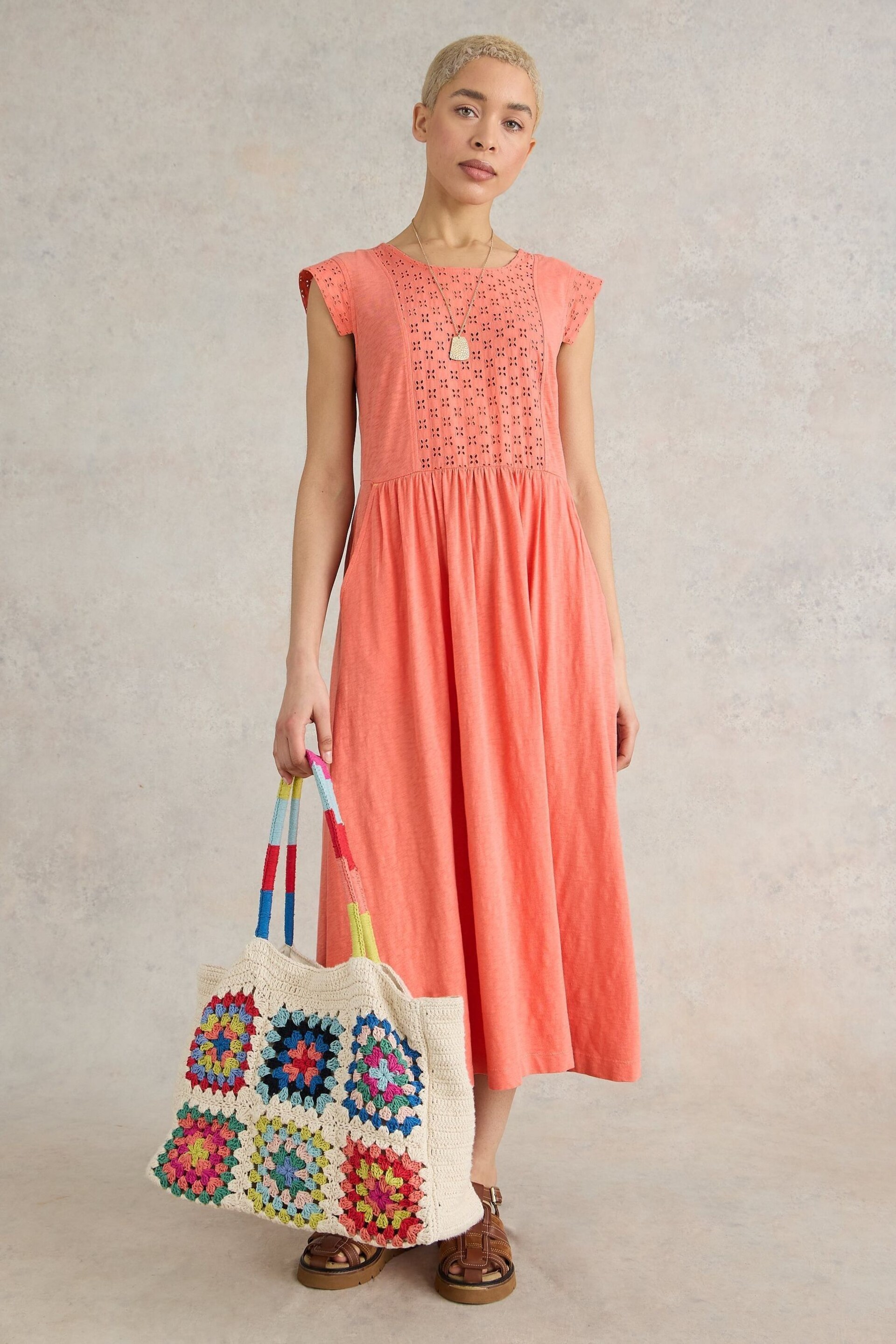 White Stuff Orange Broderie Jersey Dress - Image 2 of 7