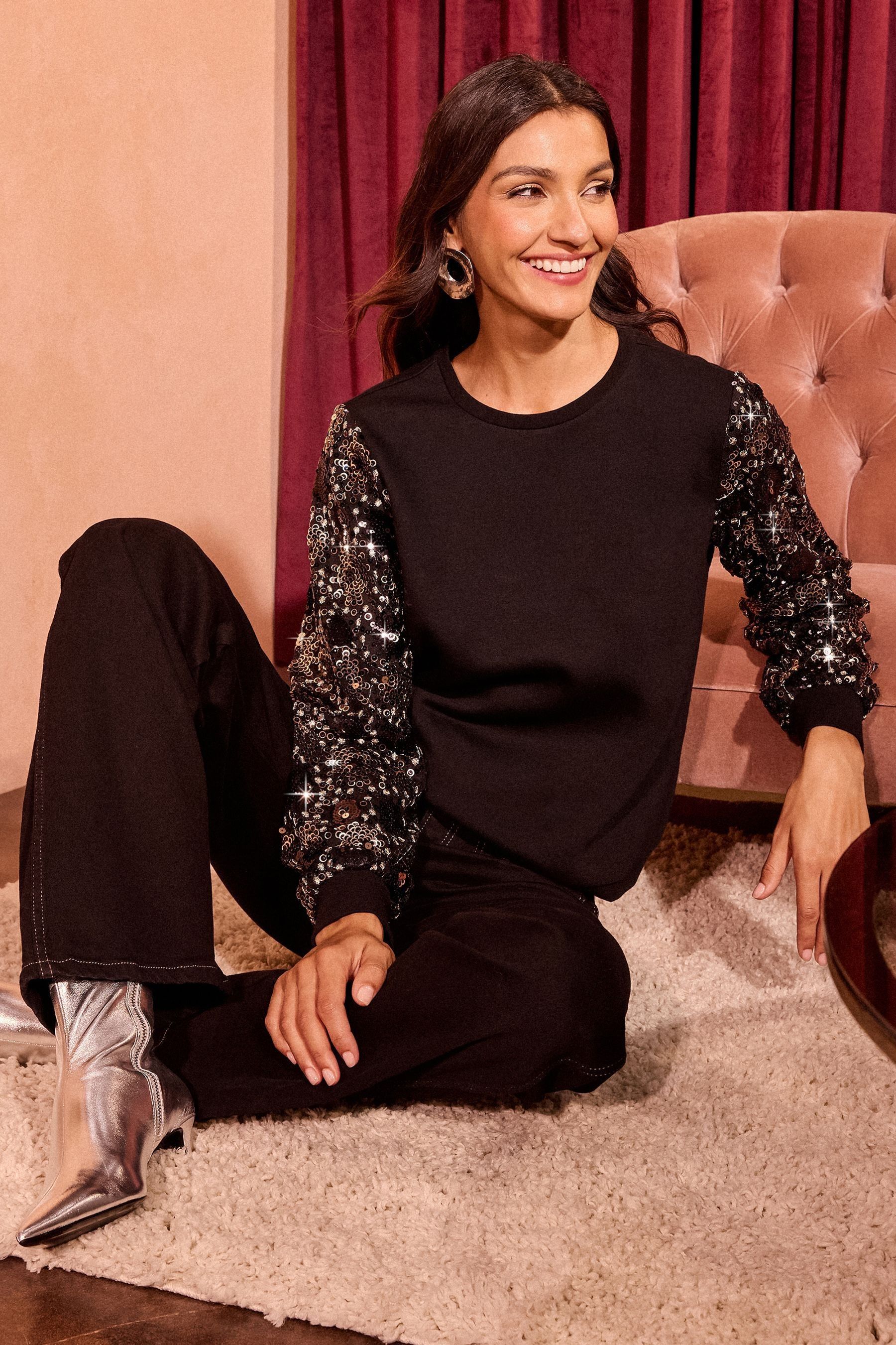 Love Roses Black Sequin Sleeve Jersey Sweatshirt