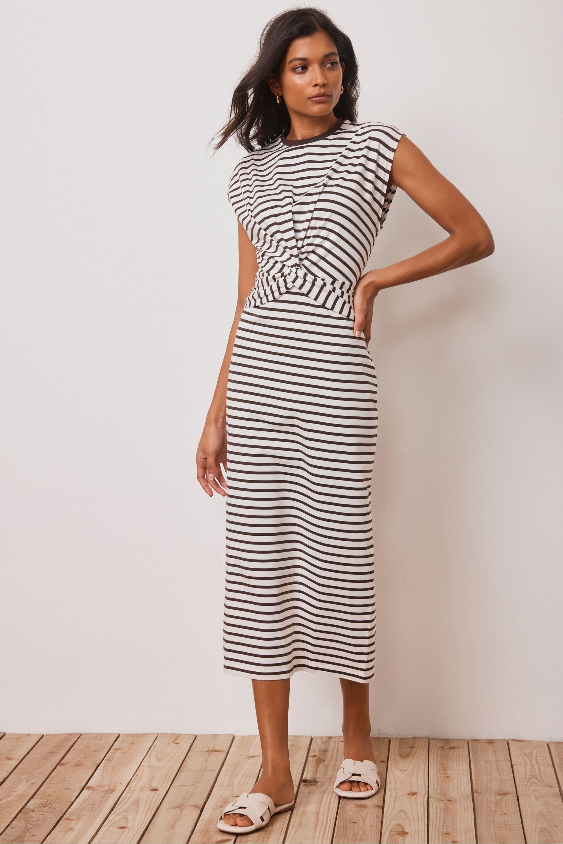 Mint Velvet Brown Twist Stripe Jersey Dress - Image 1 of 4