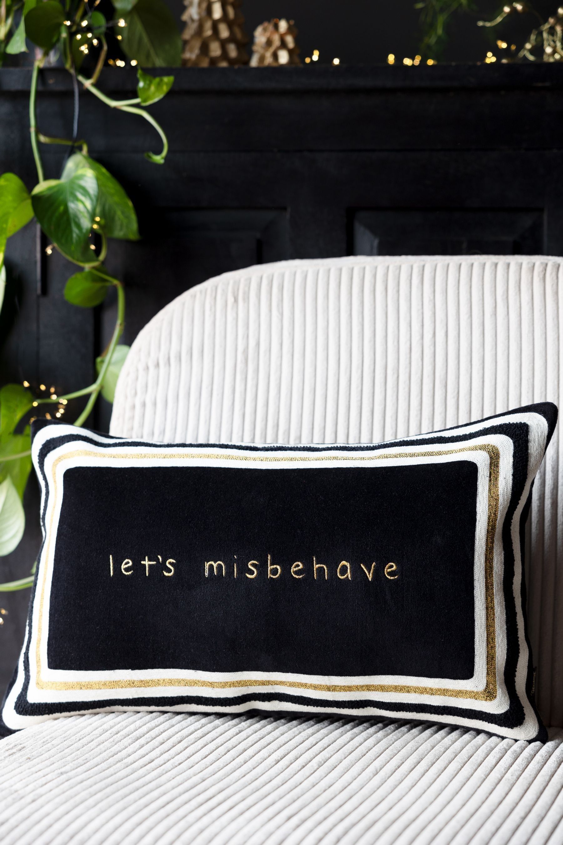 Buy Rockett St George Lets Misbehave Velvet Embroidered Slogan Cushion from the Next UK online shop