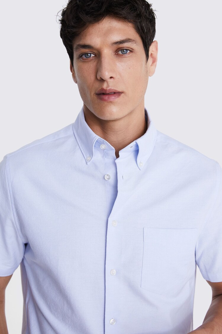 MOSS Blue Short Sleeve Washed Oxford 100% Cotton Shirt - Image 4 of 4