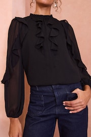 Love & Roses Black Petite Ruffle Crew Neck Long Sleeve Blouse - Image 2 of 4