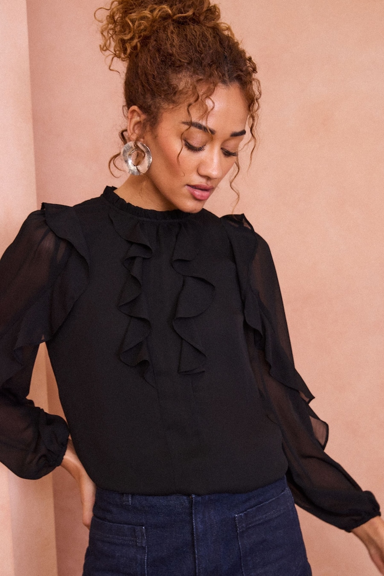 Love & Roses Black Ruffle Crew Neck Long Sleeve Blouse - Image 1 of 4