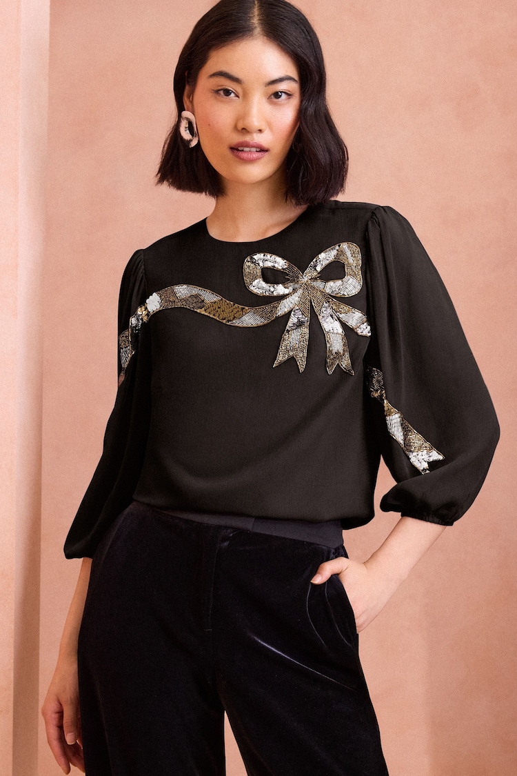 ENB | Love & Roses Black Sequin Bow Design Short Sleeve Blouse - Image 1 of 4