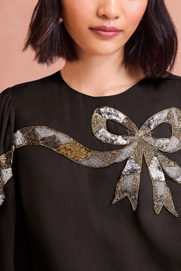 ENB | Love & Roses Black Sequin Bow Design Short Sleeve Blouse - Image 2 of 4