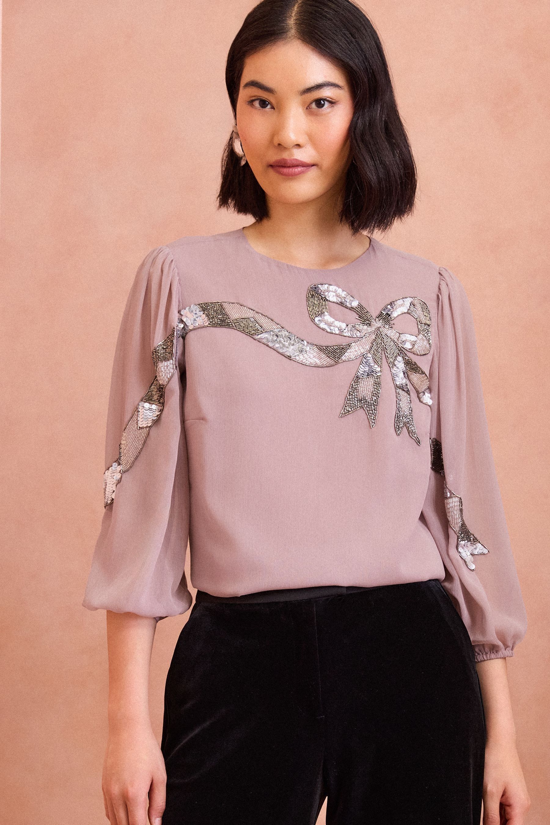 Buy Love Roses Pink Sequin Bow Design Short Sleeve Blouse from the Next UK online shop