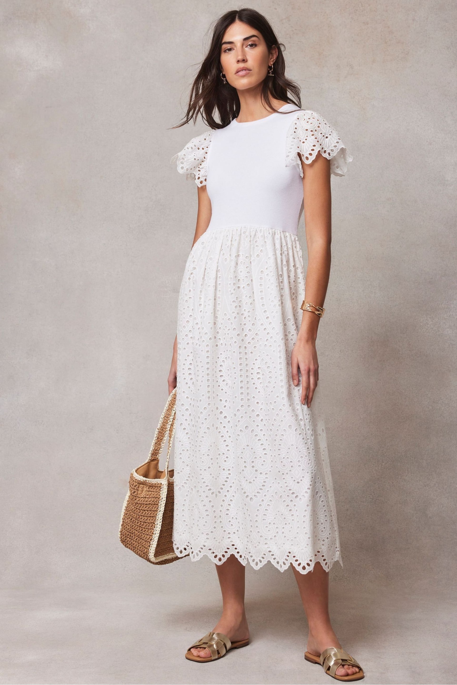 Mint Velvet White Broderie Midi Dress - Image 1 of 4