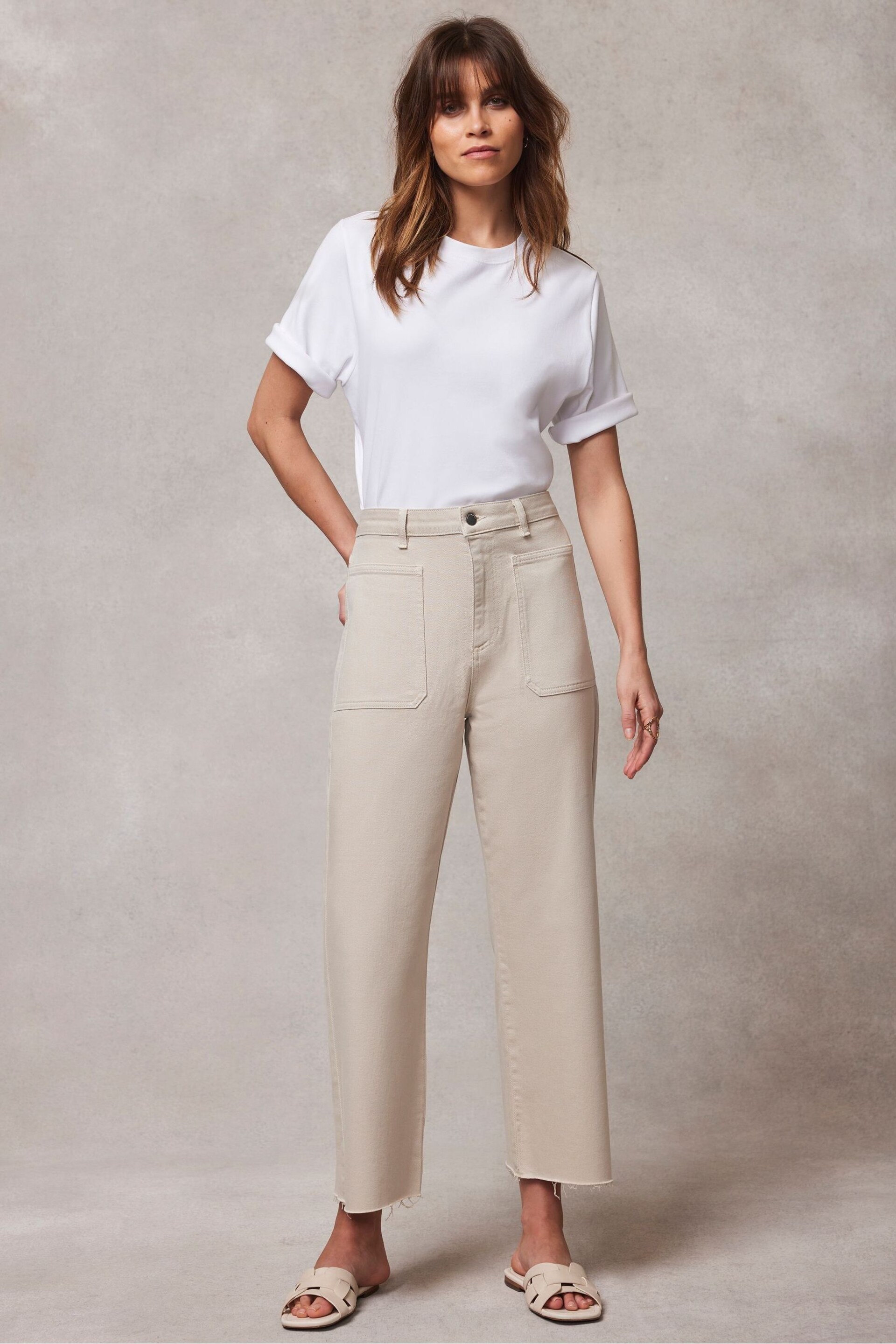 Mint Velvet Cream Beige Cropped Wide Jeans - Image 1 of 4