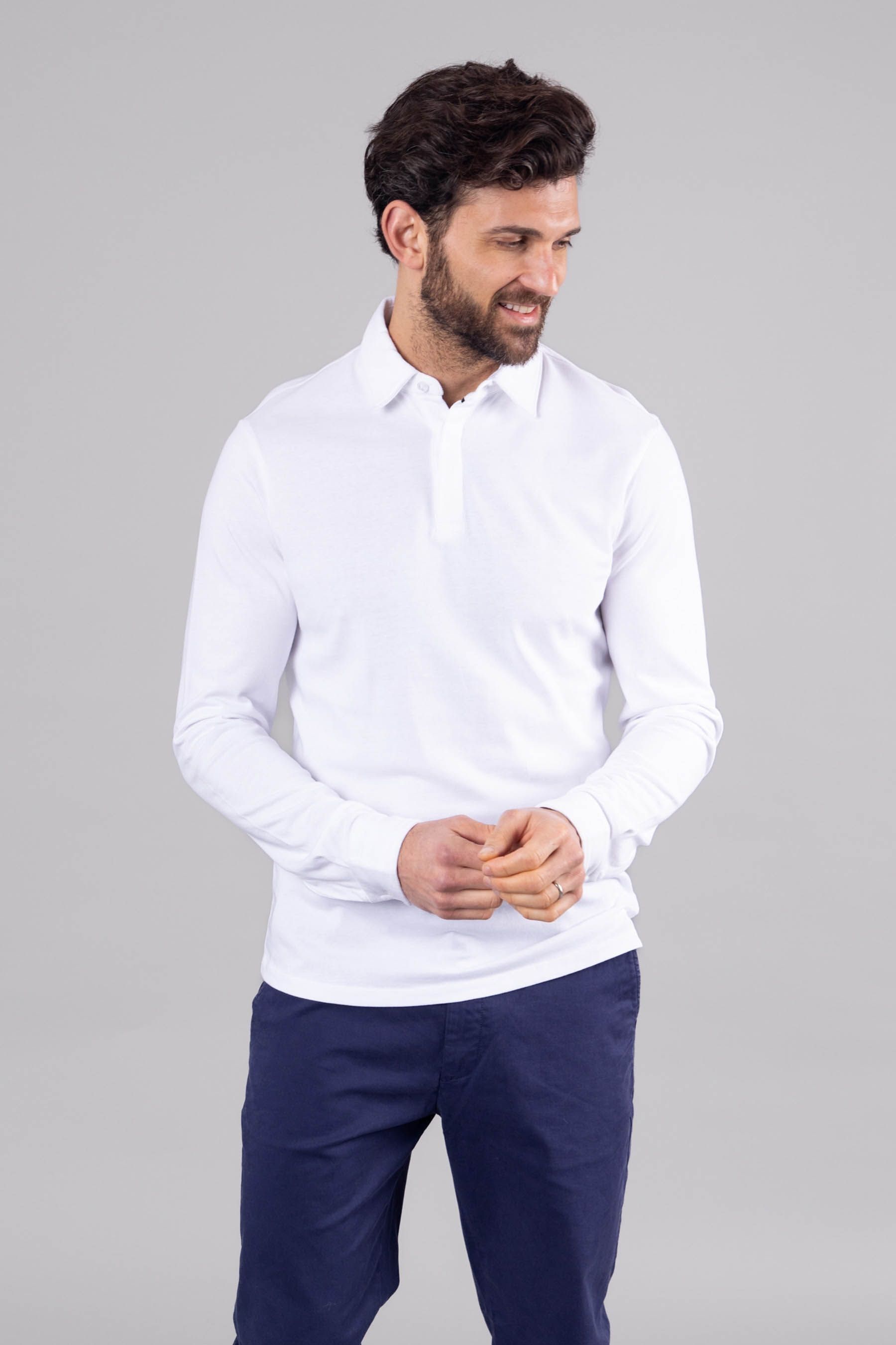 Buy Lakeland Clothing Clive Cotton Blend Long Sleeve White Polo Shirt from Next Luxembourg