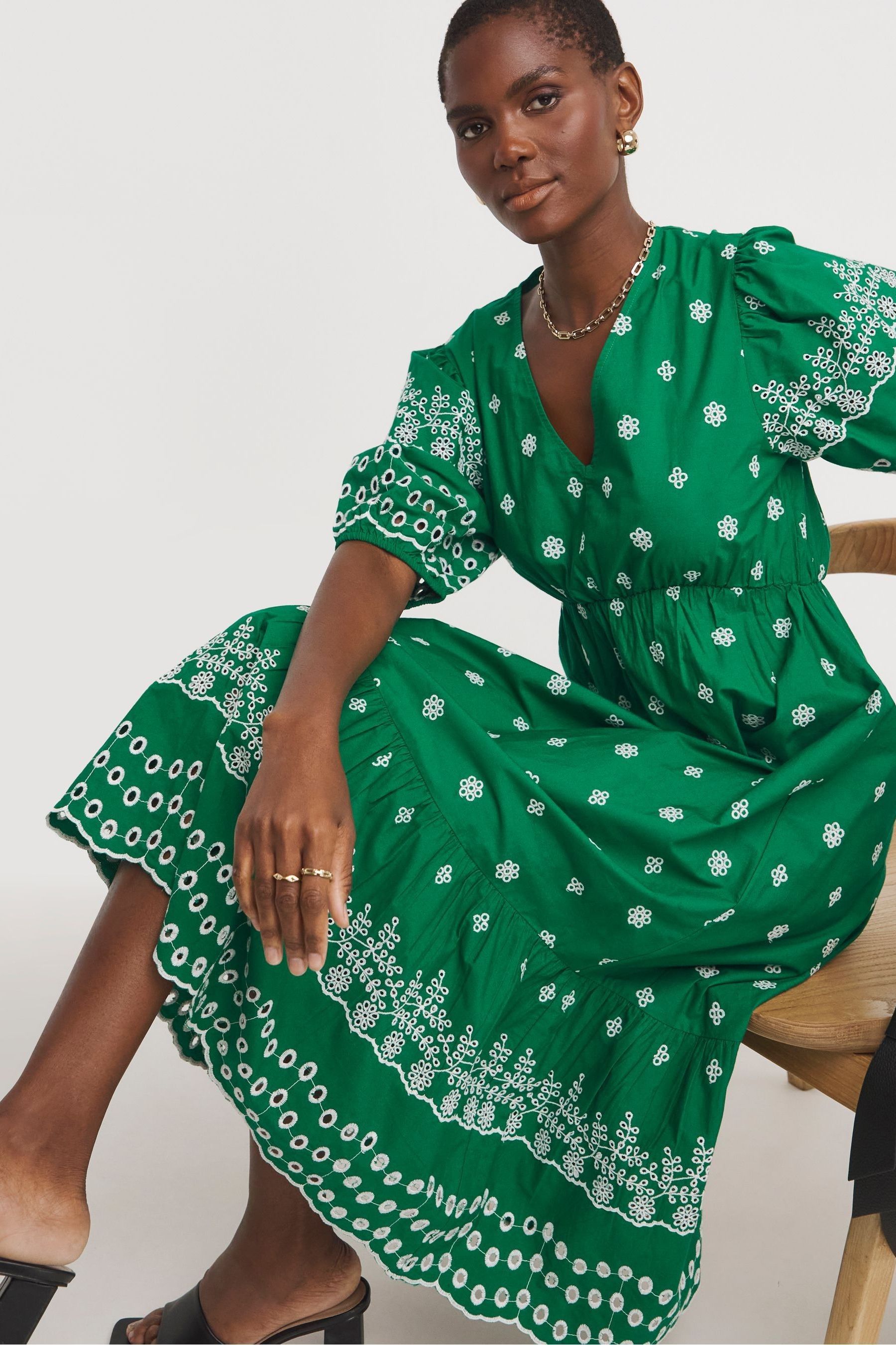 Buy JD Williams Green Contrast Broderie Tea Dress With Linen from Next Malta