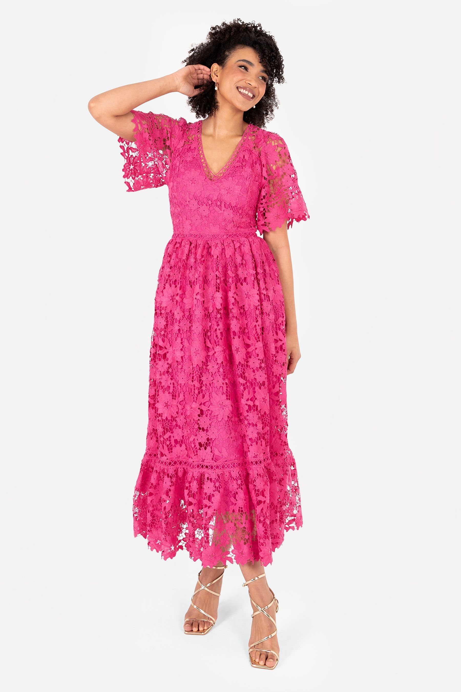 Pink lace v neck dress cheap