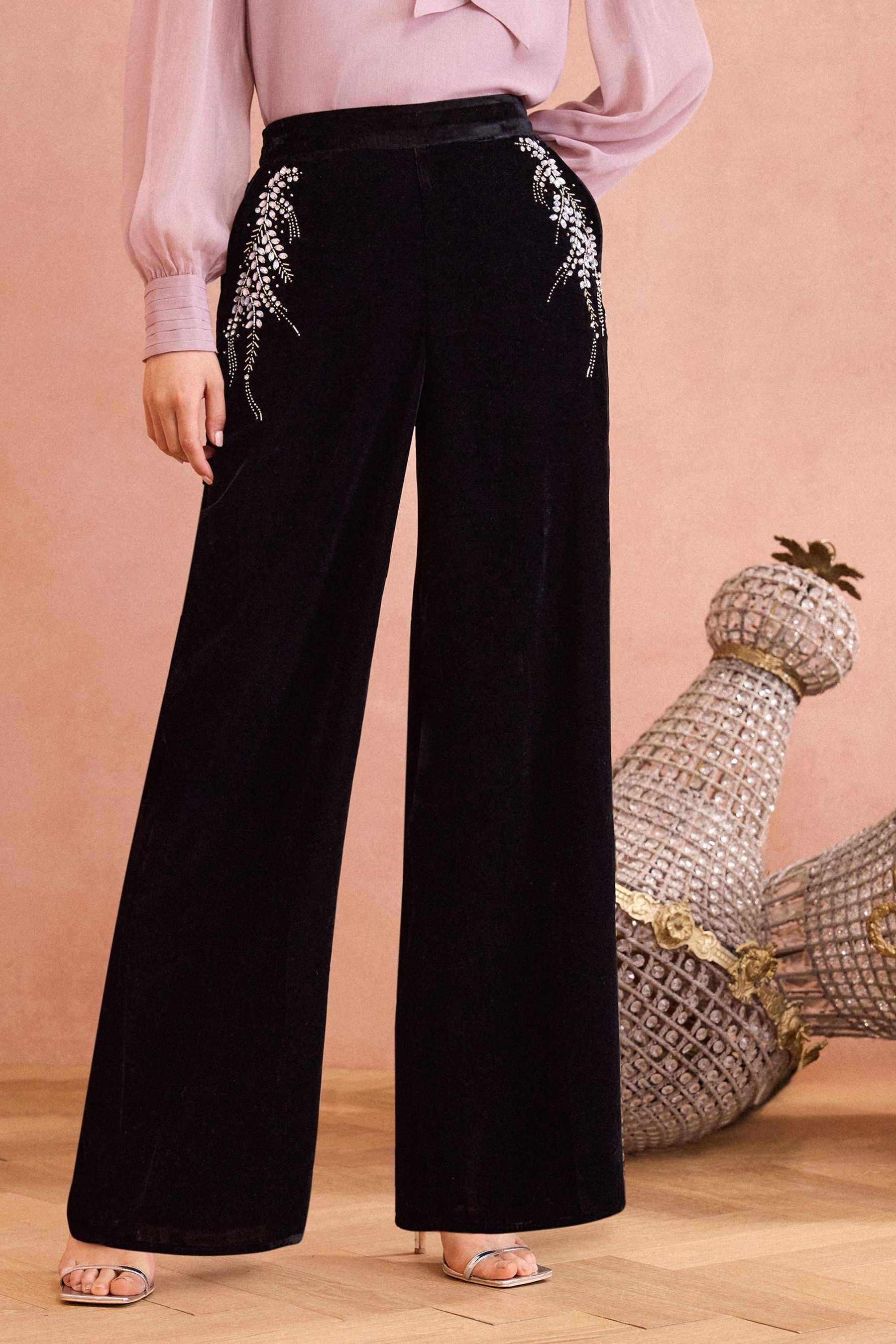 Buy Love Roses Black Velvet Hand Embellished Wide Leg Trouser from the Next UK online shop