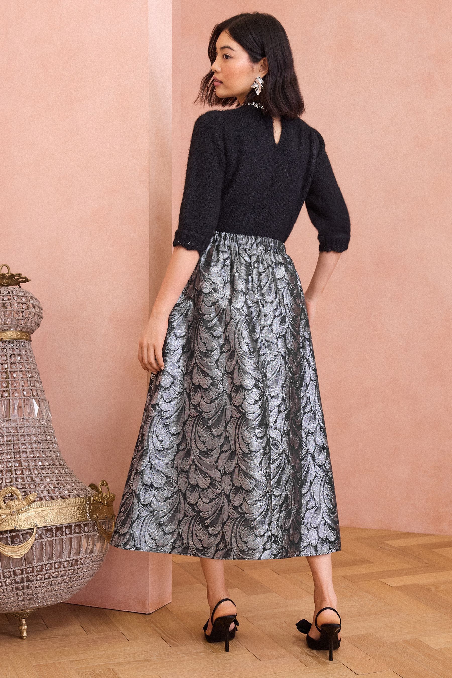 Buy Love Roses Silver Feather Jacquard Midi Skirt from Next Luxembourg