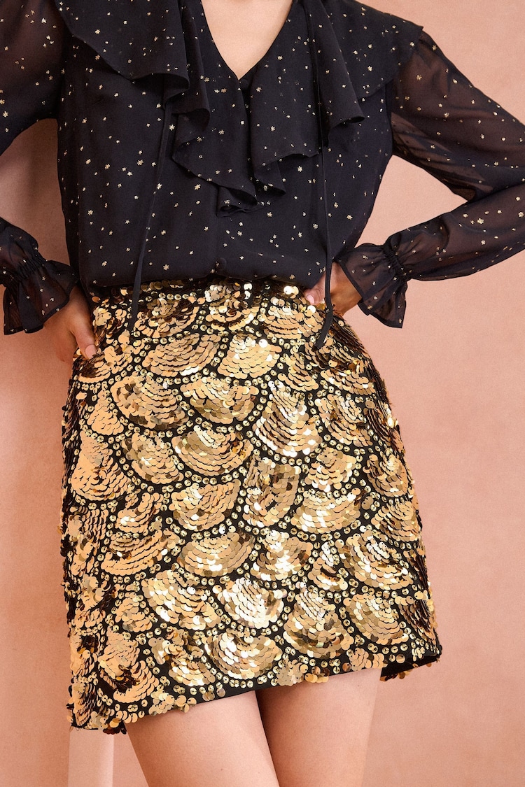 ENB | Love & Roses Gold Scallop Sequin Mini Skirt - Image 1 of 4