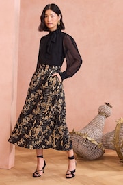 ENB | Love & Roses Gold Feather Jacquard Midi Skirt - Image 1 of 4