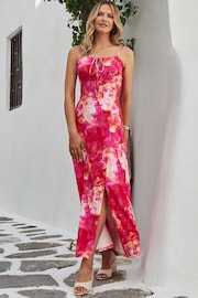 Sosandar Pink Scarf Print Beaded Strap Detail Jersey Maxi Dress - Image 1 of 5