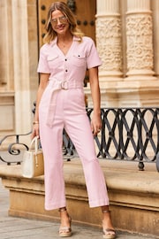 Sosandar Pink D Ring Belt Culotte Denim Jumpsuit - Image 5 of 5