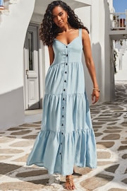 Sosandar Blue Button Front Tiered Hem Denim Dress - Image 5 of 5