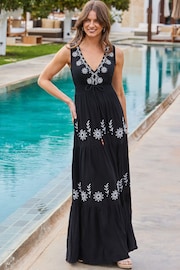 Sosandar Black Embroidered Detail Tiered Hem Maxi Dress - Image 1 of 5