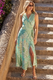 Sosandar Green Scarf Print Satin Wrap Front Midi Dress - Image 1 of 5