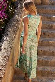 Sosandar Green Scarf Print Satin Wrap Front Midi Dress - Image 5 of 5